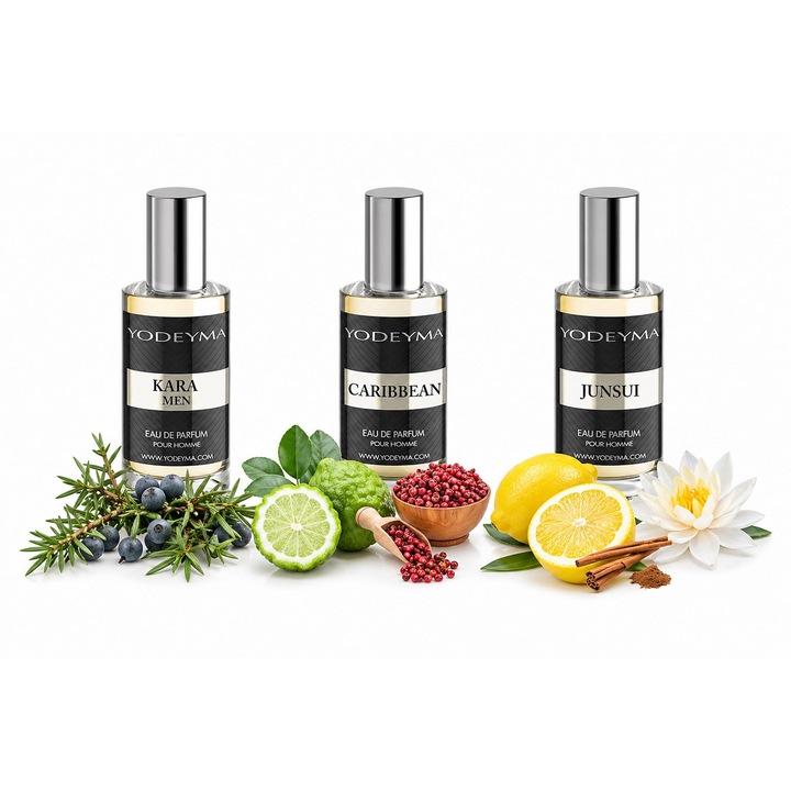 3 db Yodeyma Eau de Parfum szett férfiaknak, Kara Men, Caribbean és Junsui, közös friss-aromás karakter, hétköznapi-elegáns illat, 3x15ml, doboz nélkül