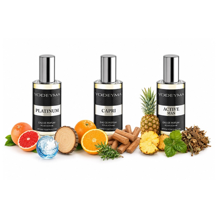 Set 3 Apa de Parfum Yodeyma pentru barbati, Active Man, Platinum si Capri, caracter comun chypre-citrus, energue, prospetime si forta masculina in trei stiluri, 3x15ml, fara cutie