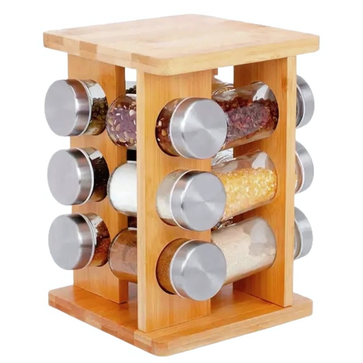 Macvi® Forgó Fűszerkészlet 12 Üvegfűszertartóval, Bambusz Állvánnyal, Konyhai Forgóállvány