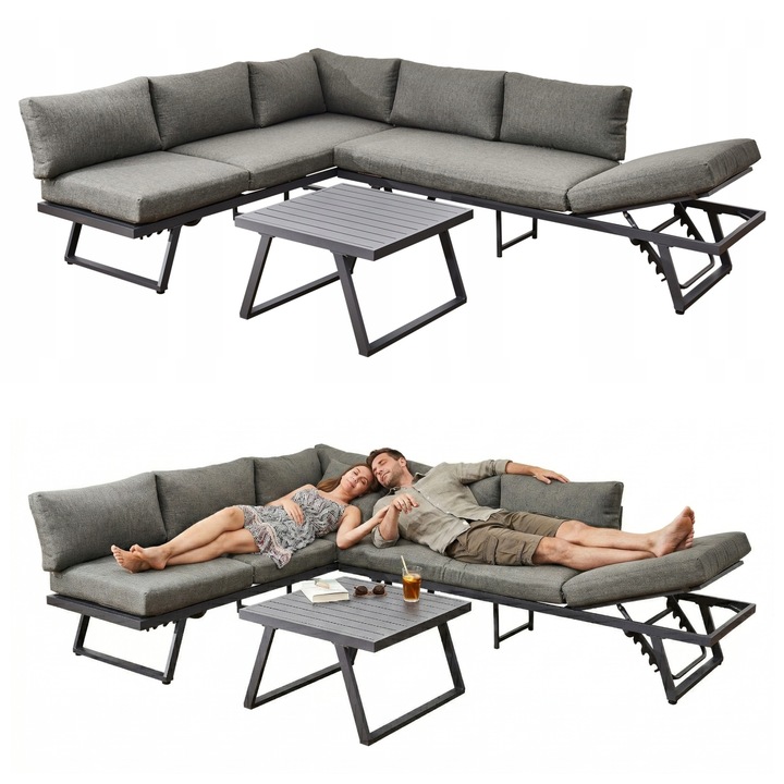 Set Mobilier Gradina / Coltar Bello Giardino RADIOSO, Aluminiu, cu Masa si Spatar Reglabil, Gri Deschis