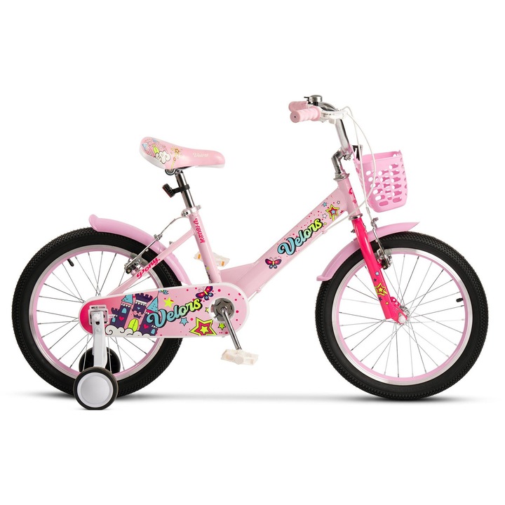 Детски MTB велосипед Pony JSXV1802A 18", помощни колела, кошница, калници, V-образни спирачки, цветни алуминиеви джанти, за момичета 5-7 години, розов/фуксия