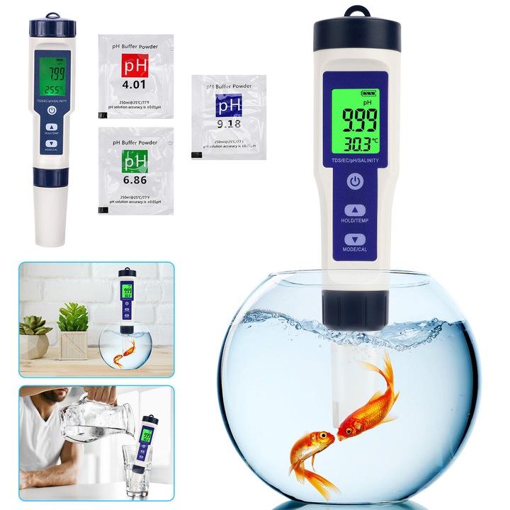 Tester De Calitate A Apei, Ph-Metru 5 In 1 Ph / Tds / Ec / Salinitate / Tester De Temperatura Cu Afisaj Iluminat, Stilou Digital De Testare A Calitatii Apei Pentru Apa Potabila/Piscina/Iaz