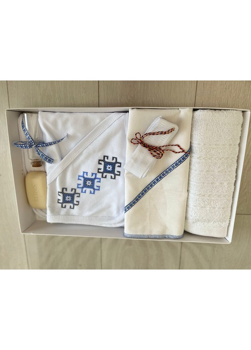 Trusou pentru Botez, 7 Piese, din Bumbac, cu imprimeu, National, Albastru