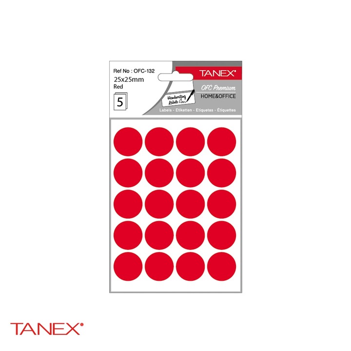 Etichete autoadezive rotunde Tanex, diametru 25 mm, culoare rosie, set 100 bucati, pentru marcare si organizare Rosu
