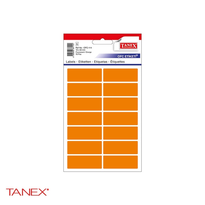 Etichete autoadezive Tanex, dreptunghiulare cu colturi rotunjite, portocalii, 19x50 mm, set 70 bucati, hartie FSC certificata Portocaliu