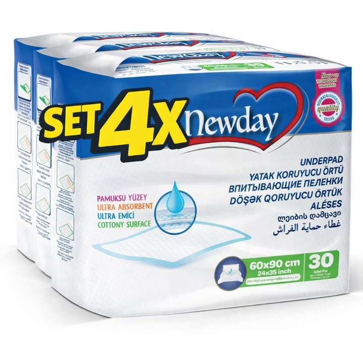 Set 4x Aleze Absorbante NEWDAY 60x90 cm, Protectie Saltea, Ultra Absorbante, Impermeabile, De Unica Folosinta, Pentru Bebelusi, Adulti si Animale