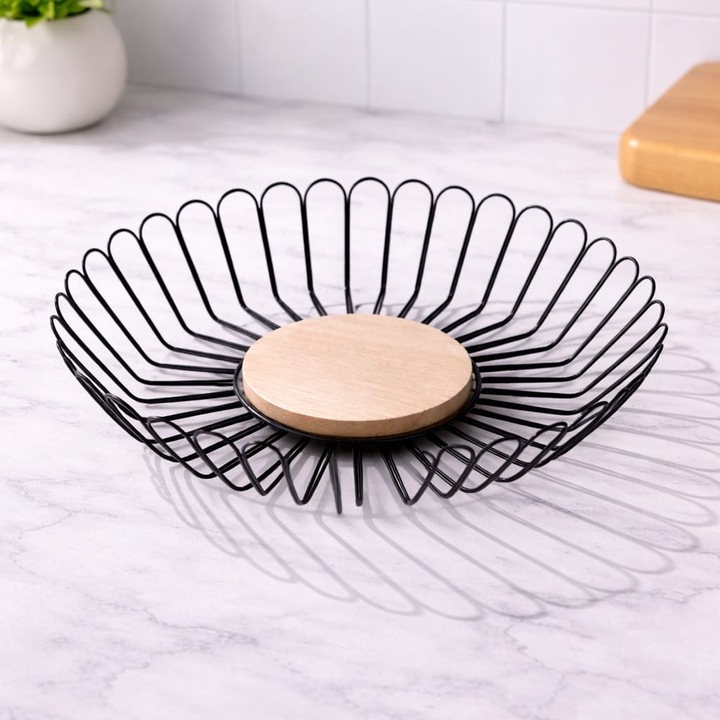 Fém gyümölcs- és zöldségkosár fa alappal, 27 cm, modern konyhai design