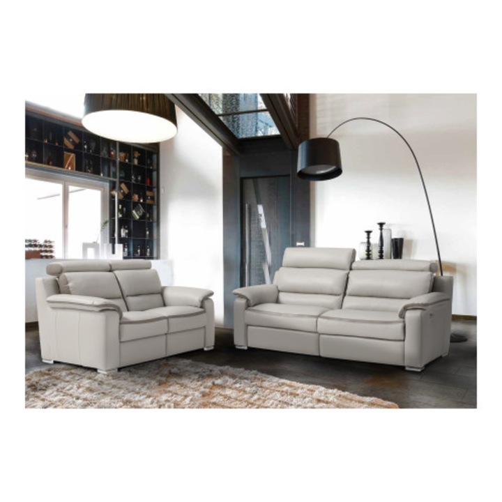 Set living BELLO, compus din canapea de 3 locuri cu 2 reclinere electrice si canapea de 2 locuri fara reclinere, tetiere reglabile, piele naturala italiana