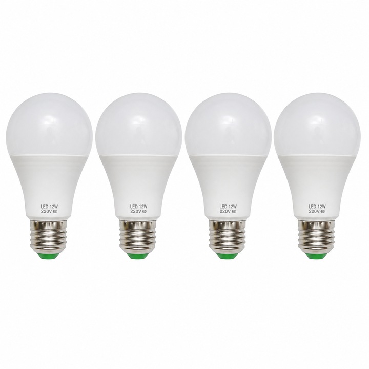 Set 4 becuri LED E27 12W, lumina rece 6500K, 220V, iluminare uniforma, consum redus pentru casa si birou