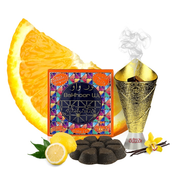 Bakhoor Nabeel WOW, citrusos és virágos aroma (citrom, narancs, jázmin), szívjegyek rózsa, pacsuli és szantálfa, alapjegyek vanília és pézsma, Barna, 40 g