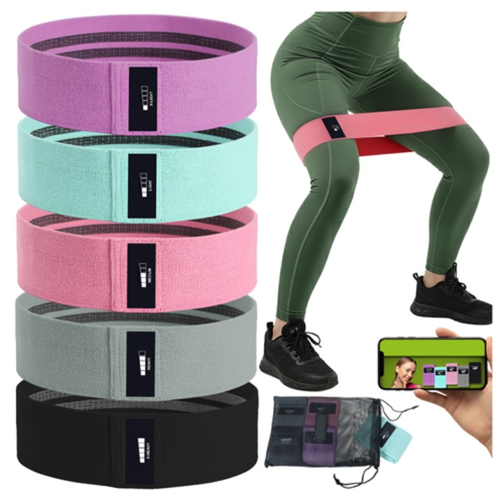 5 db-os fitness gumiszalag szett, Zola, 5-35 kg ellenállás, csúszásmentes textil anyag, tároló tasak, QR edzésterv, 74 x 8 cm, többszínű