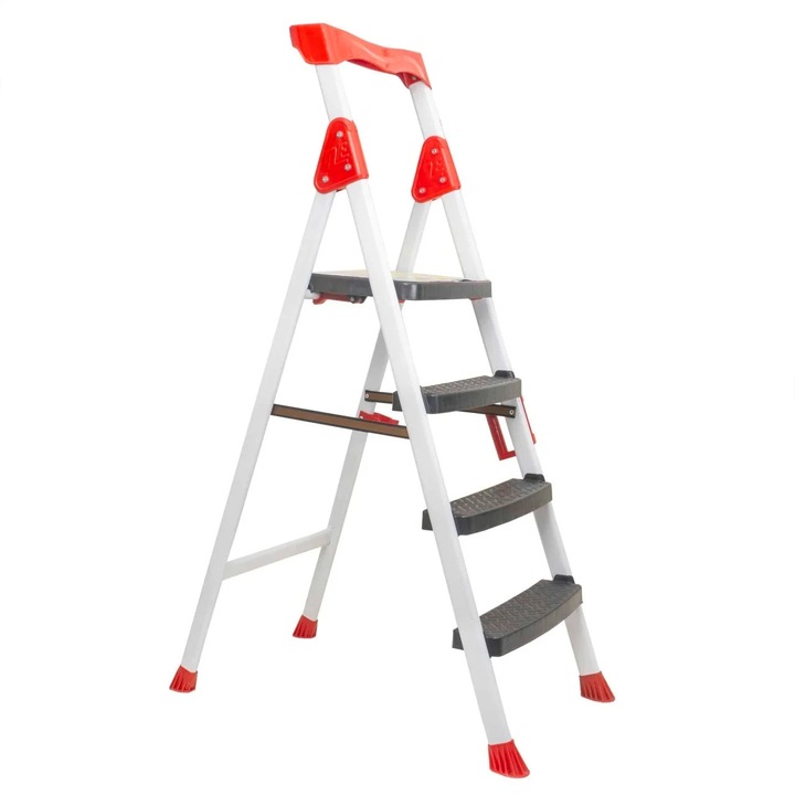 3 lépcsőfokos és platformos fém létra, fehér, csúszásmentes, 150 kg teherbírás