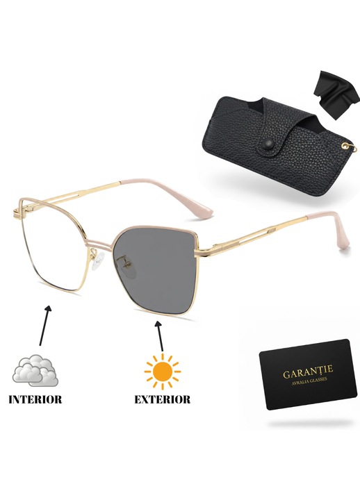 Ochelari Soare Polarizati Fotocromatice, Rama Metal Auriu Cat-Eye, Lentile Heliomatice UV400 Anti-Lumina Albastra, Protectie Calcualtor, Toc Piele + Cutie Cadou + Garantie