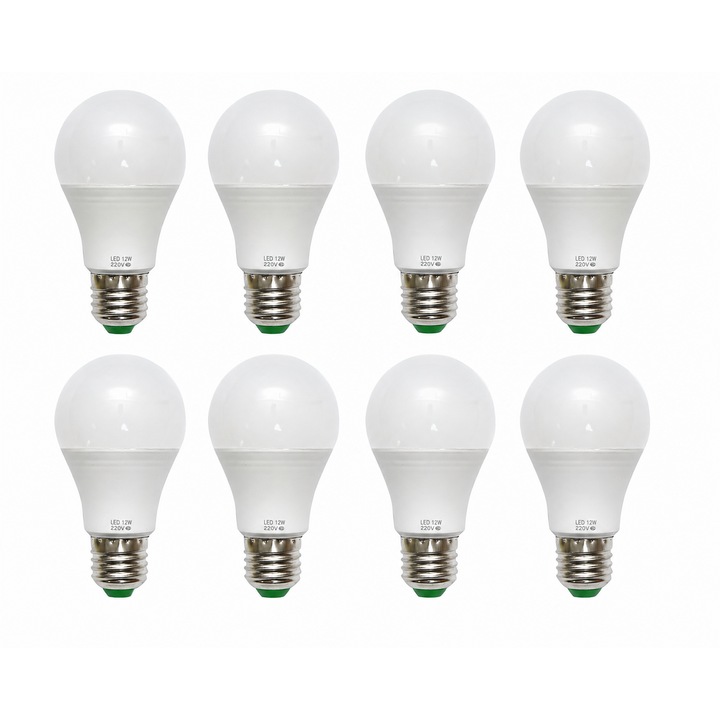 Set 8 becuri LED E27 12W, lumina rece 6500K, 220V, iluminare eficienta, consum redus pentru locuinta si birou
