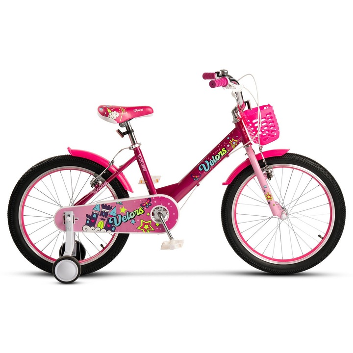 Детски MTB Велосипед Pony JSXV1802A 18", Помощни Колела, Кошница, Калници, V-Brake Спирачки, Цветни Алуминиеви Капли, Момичета 5-7 Години, Фуксия/Розов