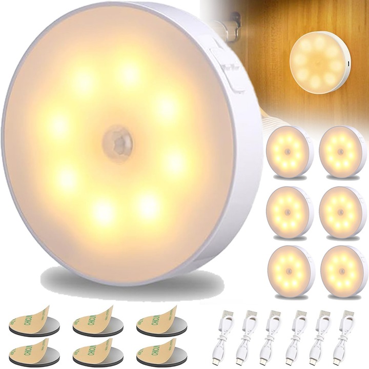 Set 6 Lampa de veghe LED, Cu senzor de miscare, senzor de raza de 120 ° 0 secunde, 400mAh durata de viata ultra lunga a bateriei,8 LED-uri, lumina calda, incarcare USB, ABS, poate fi utilizata in foaier, baie, dulap si noptiera