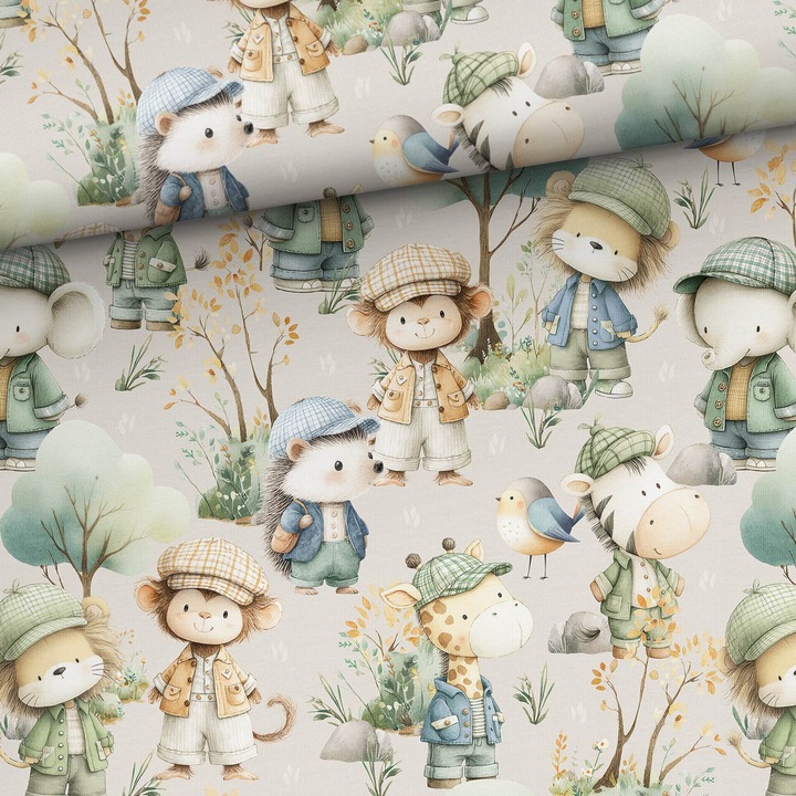 Material textil, Tricot french terry, Tricot trening imprimat Safari al micilor exploratori, bumbac 95%, elastan 5%