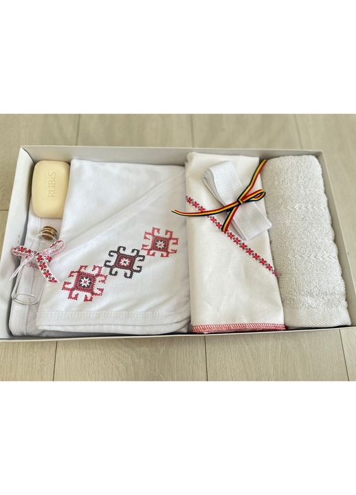 Trusou pentru Botez, 7 Piese, din Bumbac, cu imprimeu, National, Rosu