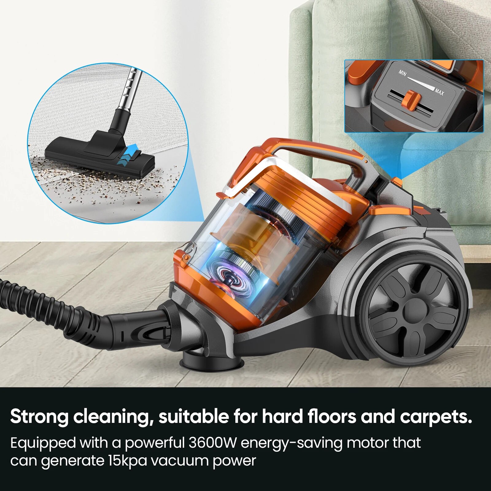 Aspirator cilindric, aspirator cu cablu, 3600W 15000Pa putere de aspirare, filtru multiciclonic, fara sac, cablu 5 m, pentru podele dure si covoare, par de animale, maro