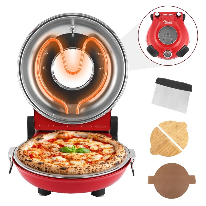Elektromos pizzasütő, Asztali modell, 30 cm átmérő, 1200 W, Mázas kerámia sütőkő, Precíz hőmérséklet-szabályozás két gombbal, Akár 420°C, EU csatlakozó, Arany