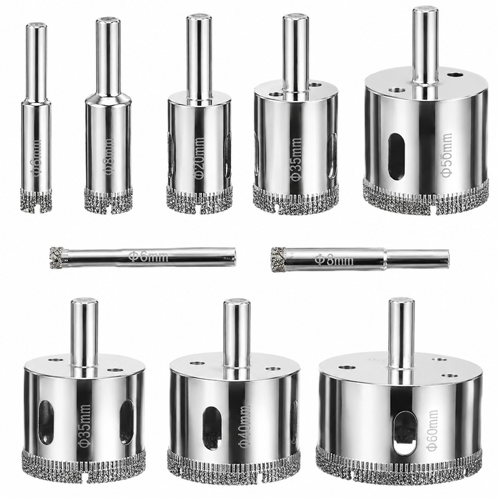 Set 10 Carote Diamantate pentru Gresie, Faianta, Sticla si Portelan, 6-68 mm, Gaurire Umeda/Uscata, Quick Release, Otel Profesional, Gri