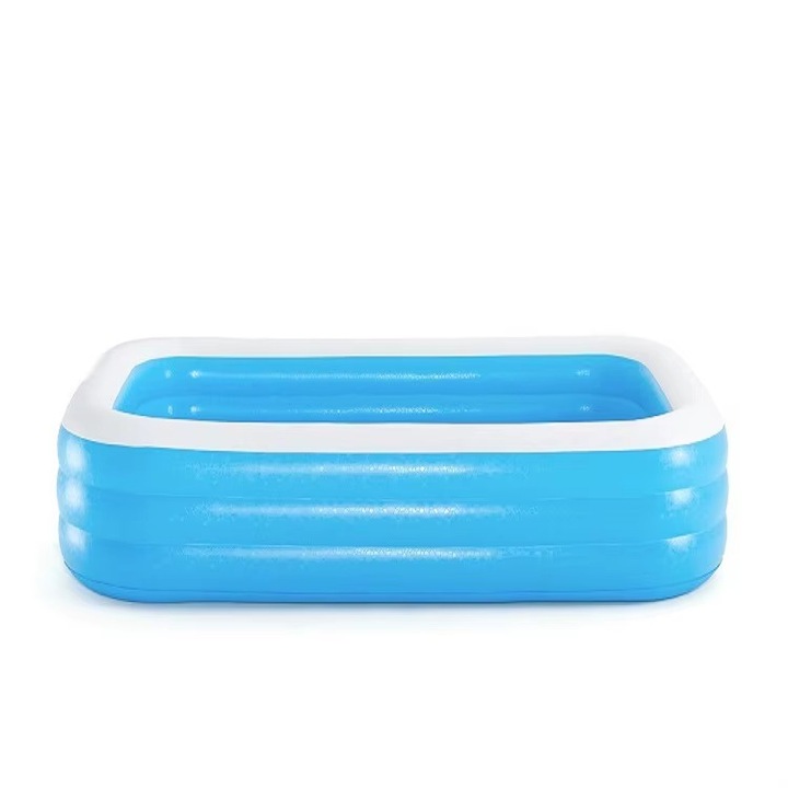 Piscina gonflabila Fugo® rectangulara pentru familie si copii, lungime 1.5 m, cu 3 inele gonflabile, material PVC rezistent, montaj rapid, pentru curte, gradina, terasa, joaca si racorire vara