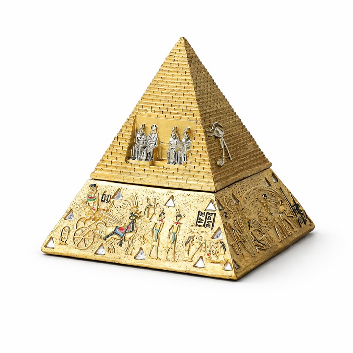 Piramida Egipteana decorativa aurie, ornament decor interior birou si living, cadou tematic Egipt, cutie de bijuterii, 15 cm