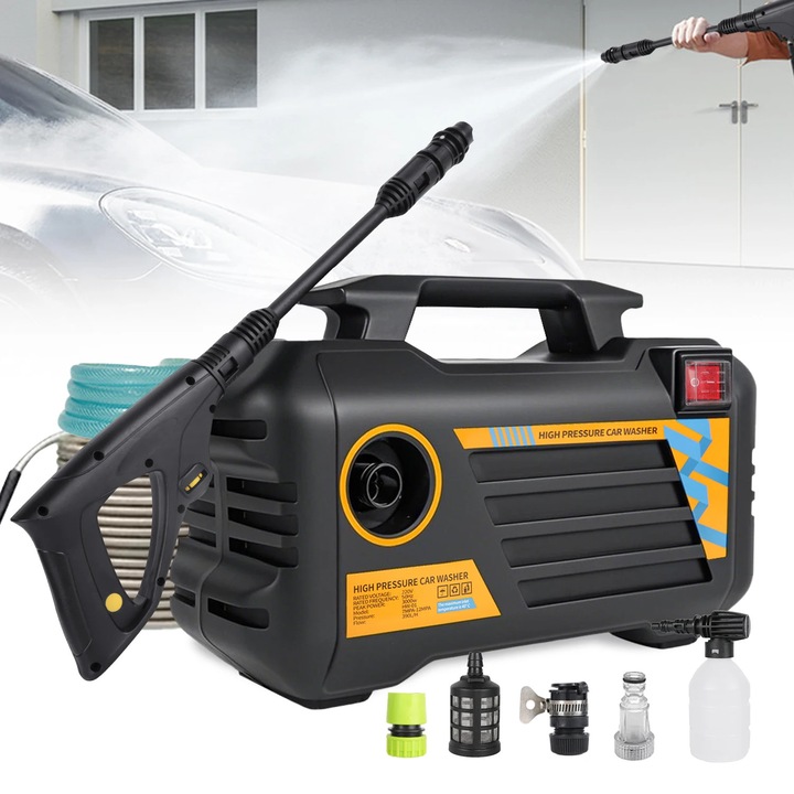 Електрическа водоструйка, Пистолет за автомивка, 3000 W, 220 V, 390 л/мин, ЕС щепсел, Медни конектори, Черен
