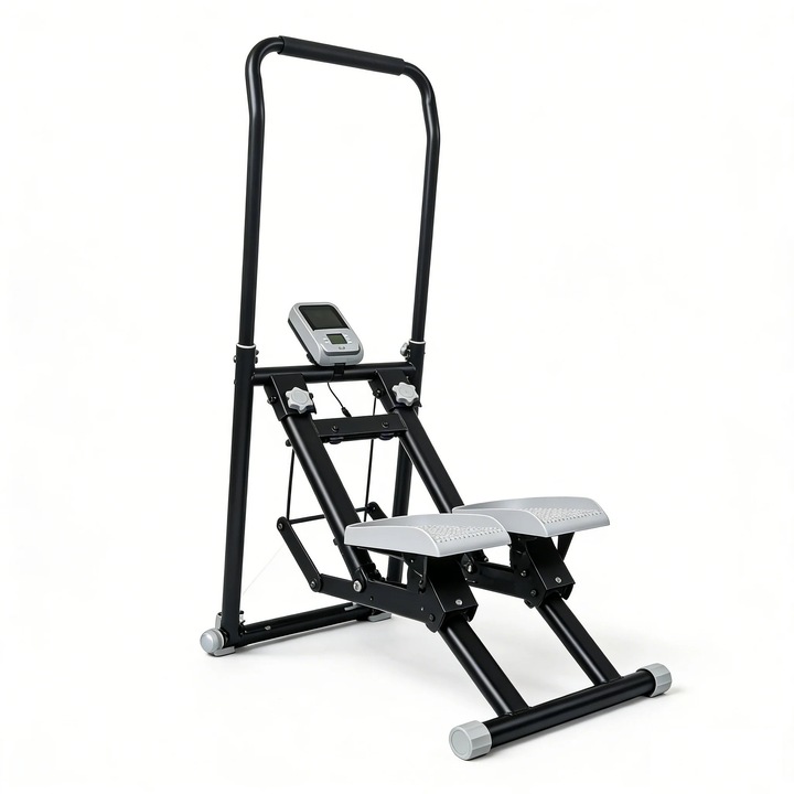 Stepper scari & Vertical Climber, QK7906, Pliabil, 150 kg max, Ghidon reglabil 3 trepte, Pedale 3 trepte, Afisaj LCD timp/viteza/calorii/pasi, Negru