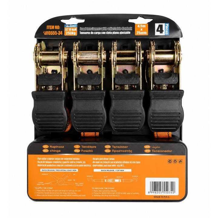 Set 4 Chingi cu Clichet, Ideal pentru Fixare Marfa, Carlige Metalice pentru Transport Bagaje, Moto, Remorci, Ancorare maxima 250kg, 4.5m x 25mm, Portocaliu