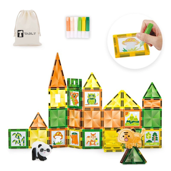 Set de constructie Magnetic Tiles DIY, Tadly®, 47 piese, 7, 5 cm, Personalizabil, 3 ani+, 2 figurine animale, 6 creioane vopsea adeziva, Sac textil de depozitare, Multicolor