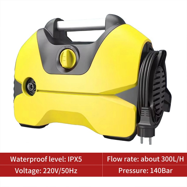 Електрическа водоструйка, Машина за миене на автомобили, 1500W 220V, 135 бара 560л/мин, Преносима за дома и двора, Жълта