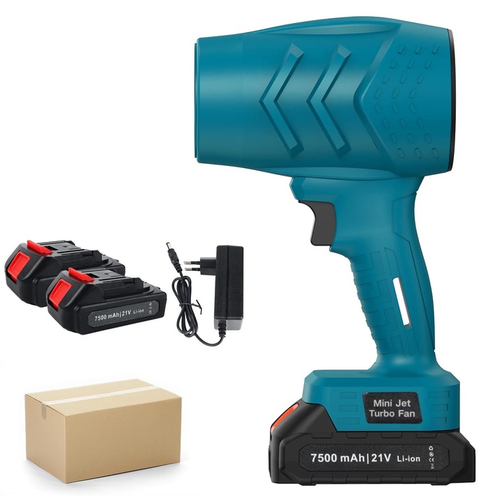 Suflanta de aer electrica, De mana, 21V pe acumulator, Motor cu perii, 36.000 rpm, 120 km/h, Duza 70 mm, 2 acumulatori + incarcator EU, Argintiu