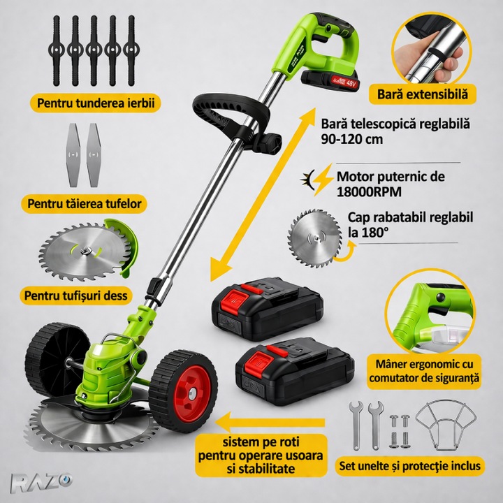 Motocoasa electrica cu roti, 2 acumulatori RAZO, 48V, 4000 mAh, 18000 RPM, Tija telescopica, Multifunctionala, Autonomie extinsa, Wireless