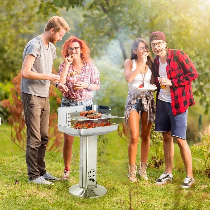 Rozsdamentes acél faszenes grill, oszlop típusú grill, időjárásálló, állítható magasságú krómozott grillrács, hamutálca, szellőzés szabályozás, fehér