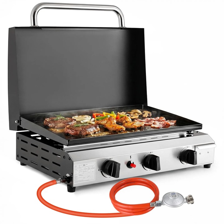 Plancha pe gaz, gratar 3 arzatoare, cu capac, gaz natural, aprindere piezo, inox, email portelanat, 7, 2 kW (24.566 BTU), alb