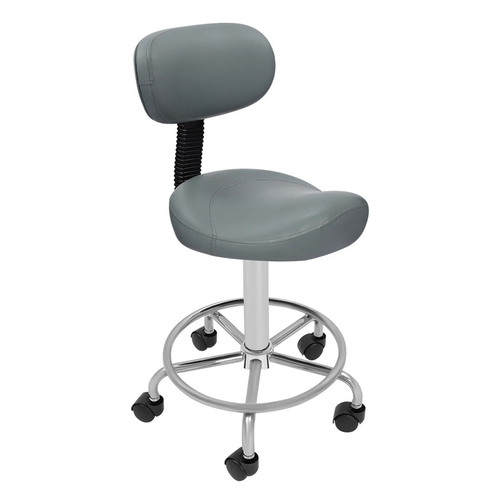 Ergonomikus nyeregülés, Gurulós irodai szék háttámlával, Állítható magasság 45–59 cm, 360°-ban forgatható, 5 ágú alap 45 cm, Terhelhetőség 150 kg, Szürke