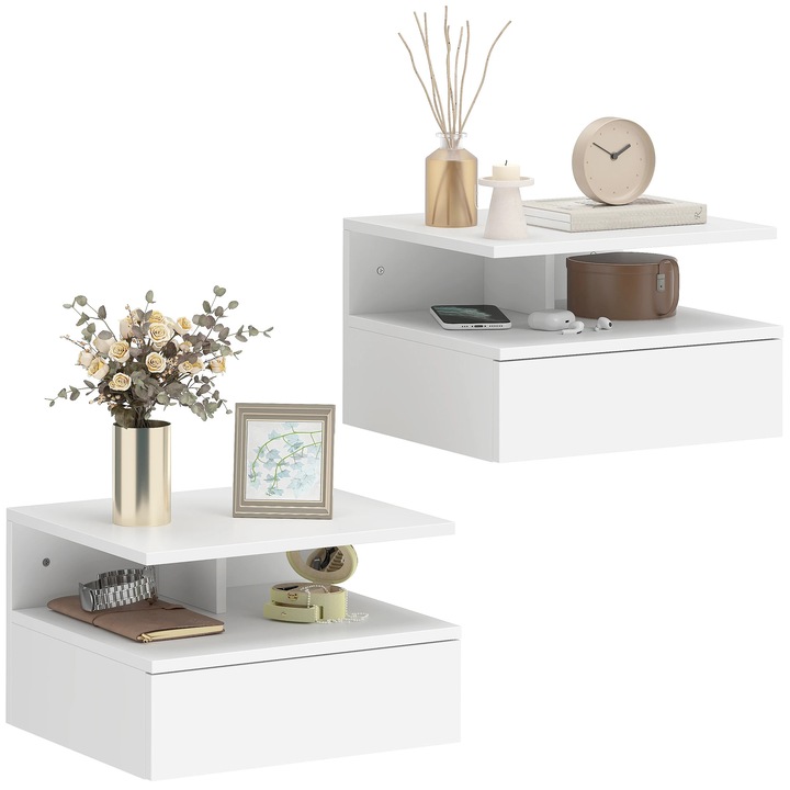 Set de 2 noptiere/masa de noapte, Montate pe perete, Design suspendat, 1 sertar, Lemn, 35x32x22, 5 cm, Alb
