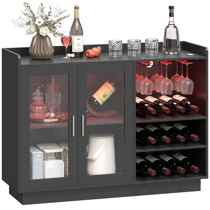 Dulap de bar, Vitrina pentru vinuri cu suport de sticle, Iluminare LED RGB, Pentru 12 Sticle, Dimensiuni 120x38x88 cm, Lemn, Stil Modern, Negru