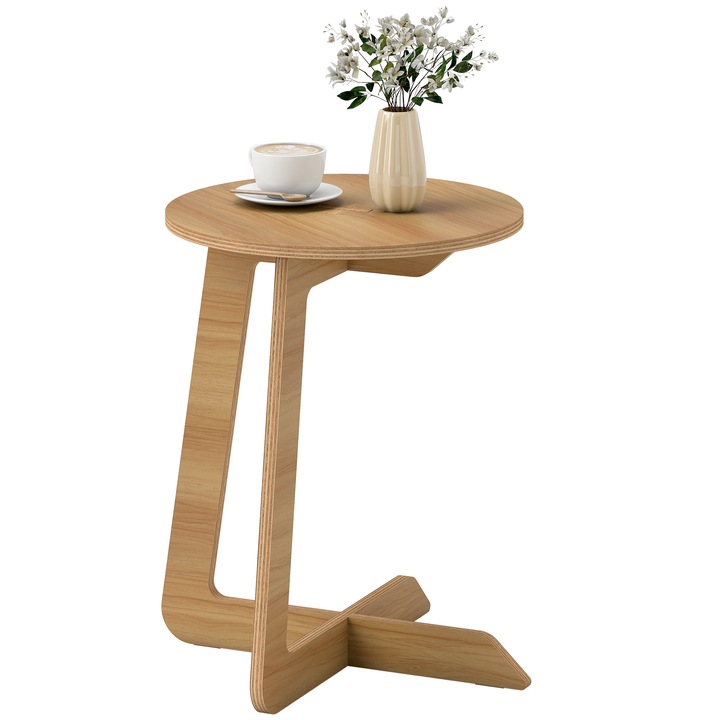 Masuta laterala in forma de C, Masuta de cafea rotunda, Lemn, Stil modern minimalist, Montaj rapid, Pentru spatii mici, Kaki inchis