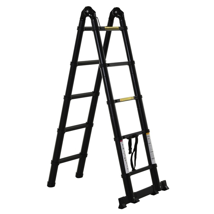 Scara telescopica multifunctionala, Pliabila tip A, Lungime 3, 8 m, 10 trepte, 3 pozitii, Sarcina 150 kg, Aluminiu, Negru