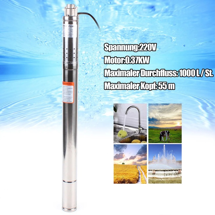 Pompa submersibila pentru put adanc, Pompa cu surub 2QGD1-50-0.37, 370 W, Diametru 5 cm, Otel inoxidabil, Inaltime de pompare 55 m, Rezistenta la nisip, 220 V stecher UE