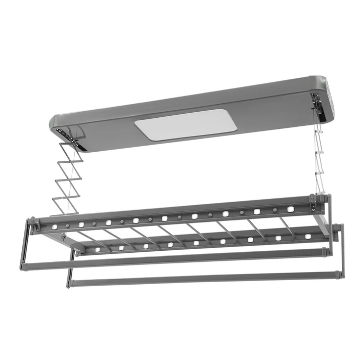 Elektromos ruhaszárító, Mennyezetbe épített ruhafelvonó, 220 V, Behúzható, Állítható, Távirányító, LED világítás, Szürke