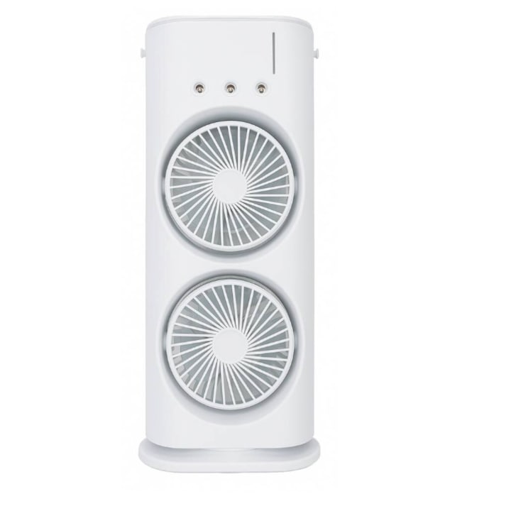 Hordozható ventilátor vízpárával, 2 ventilátor, 3 sebességfokozat, 90°-os forgatás, hideg párásító, USB tápellátás, 280 ml-es tartály, kefe nélküli motor, kompakt kialakítás irodába, otthonra vagy kempingezéshez