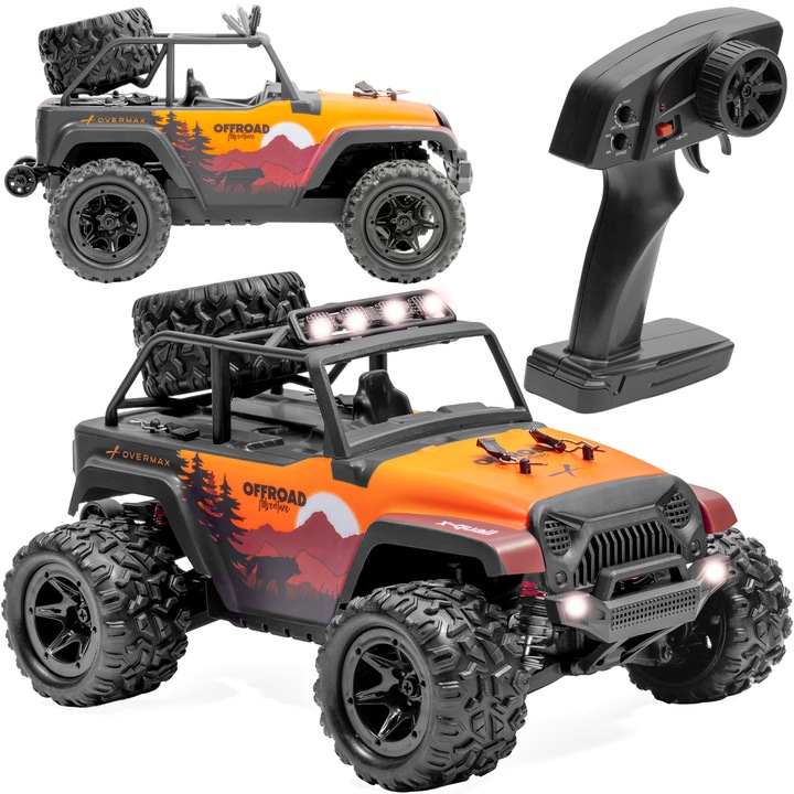 Голяма кола с дистанционно управление X-QUAIL, мащаб 1:18, 4x4 задвижване, обхват 100 м, LED светлини, 25 км/ч, 40 минути, 2x батерия, пружинни амортисьори, резервна гума, метална ос, регулируем сходимост, офроуд гуми, оранжев