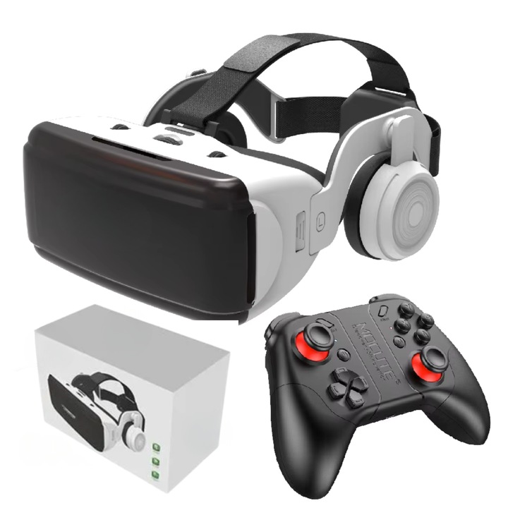 Ochelari VR 3D ®Ellitiq – Headset Realitate Virtuala cu Casti Stereo Sunet Imersiv 9D si Gamepad, Lentile Reglabile Miopie, Compatibil iOS Android 4.7-7.8 inch, VR Jocuri, Filme, Experienta Virtuala 360°, Design Modern, Alb + Kit de curatare inclus