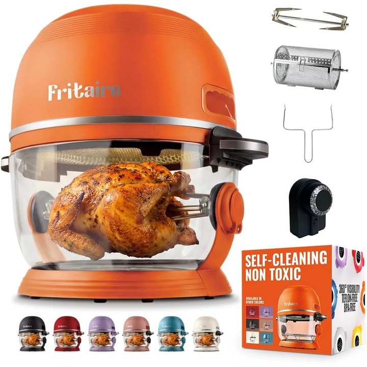 Friteuza cu aer cald din sticla Fritaire, netoxica, 5L – vizibilitate 360°, autocuratare, vortex de aer fierbinte la 400°F pentru gatire uniforma, fara BPA si teflon, functii 9-in-1: friteuza cu aer, rotisor, frigare, prajire, portocaliu