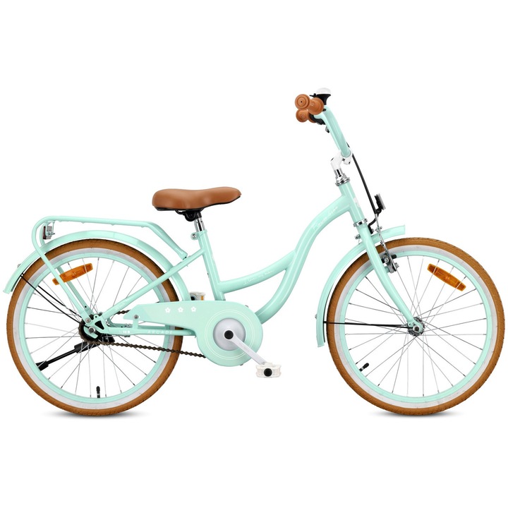 Bicicleta Pentru Copii Sun Baby, Retro Flower Bike, 20 Inch, Cos Frontal, Portbagaj, Cric Lateral, Frana V-Brake, 6-8 Ani, Verde Menta