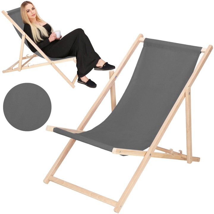 Sezlong de plaja, Springos, pliabil, grafit, pana la 120 kg, reglare in 3 trepte, pentru uz public, depozitare usoara, lemn de fag, material textil, constructie solida, ergonomic