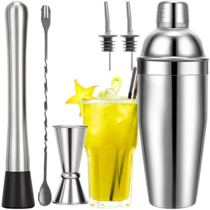 Bármixer szett 6 részes VarioShop®, rozsdamentes acél koktél shaker 700 ml, koktél- és italkészítő kiegészítők, bármixer készlet otthonra, bárba és partikra